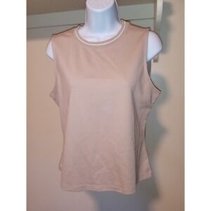 Tahari Womens Tan Beige Sleeveless Knit Shell Crew‎ Neck Top Stripe Trim Size M